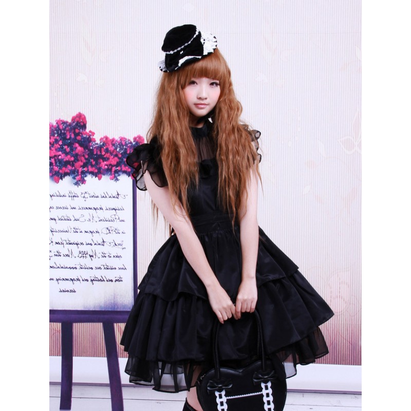 Rayon Yarn Black Lolita OP Dress With Ruffles Waist Belt Gothic Classic  Traditional Summer Tea Party