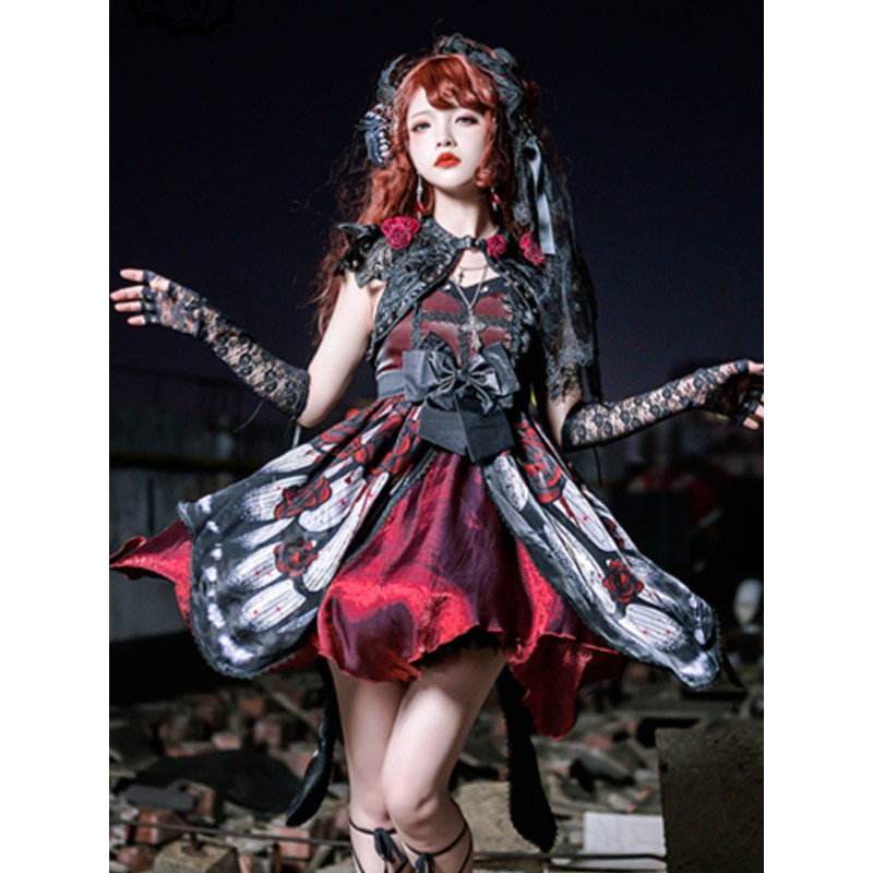 Gothic Lolita Dresses Lace Bows Butterfly Pattern Rose Pattern White Red