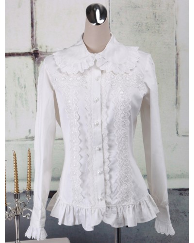 Sweet White Cotton Lolita Blouse Long Sleeves Ruffles Lace Trim Turn-down Collar Daily Casual