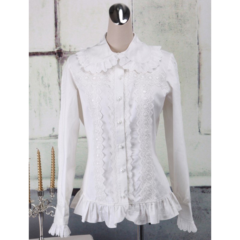 Sweet White Cotton Lolita Blouse Long Sleeves Ruffles Lace Trim Turn-down Collar Daily Casual