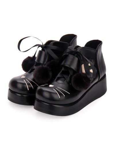 Classic Lolita Bootie Pom Pom Lace Up Embroidery Black Lolita Shoes