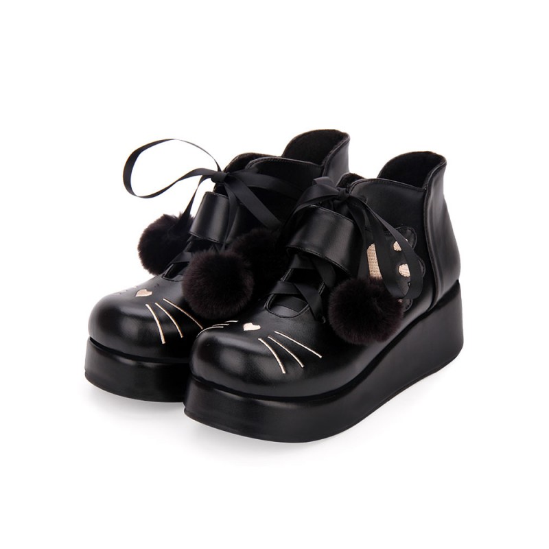 Classic Lolita Bootie Pom Pom Lace Up Embroidery Black Lolita Shoes