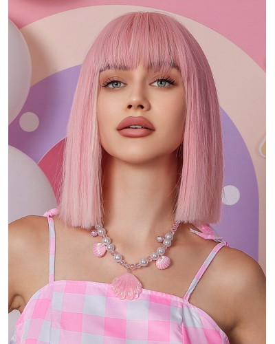 Barbie Medium Wigs Pink Bangs Rayon Synthetic Wig For Women Chic  Modern