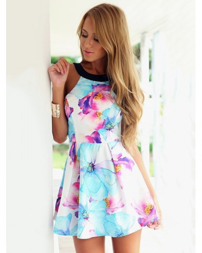 Women Floral Skater Dress Sleeveless Short Summer Dress Bodycon Dating