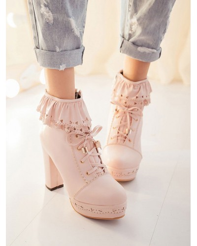 Pink Lolita PU Leather Round Toe Chunky Heel Low Tops Lolita Footwear Boots