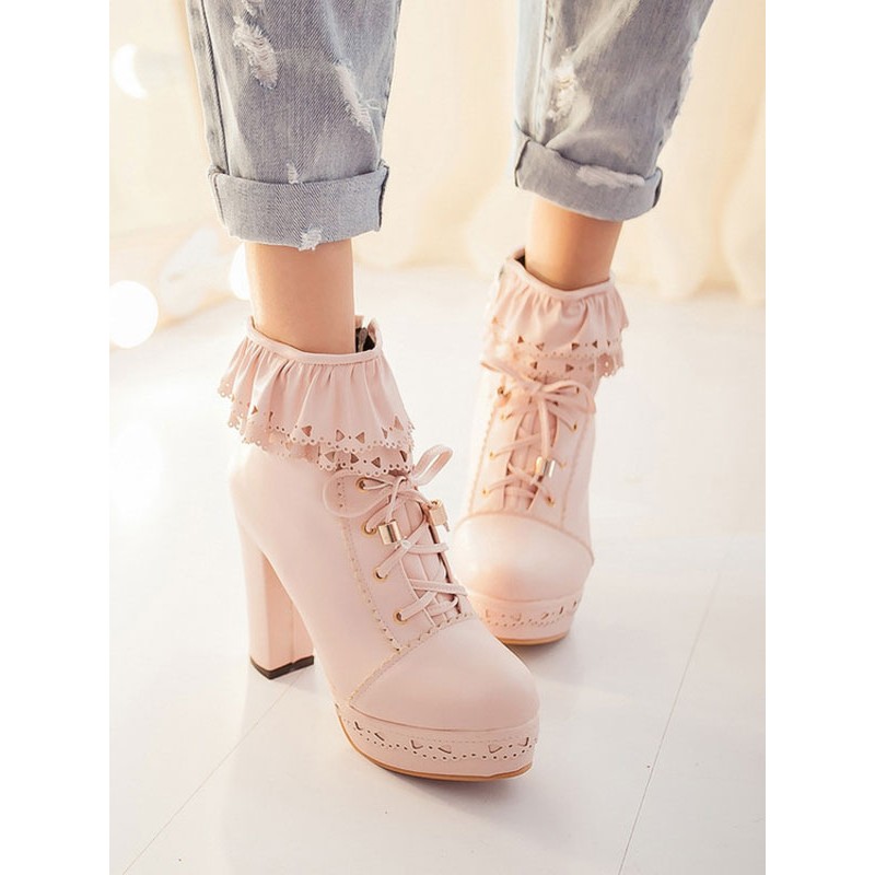 Pink Lolita PU Leather Round Toe Chunky Heel Low Tops Lolita Footwear Boots