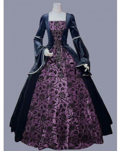 Women Purple Costumes 's Marie Antoinette Costume Floral Print Ruffles Polyester Dress Masquerade Ball Gown Tunic Retro