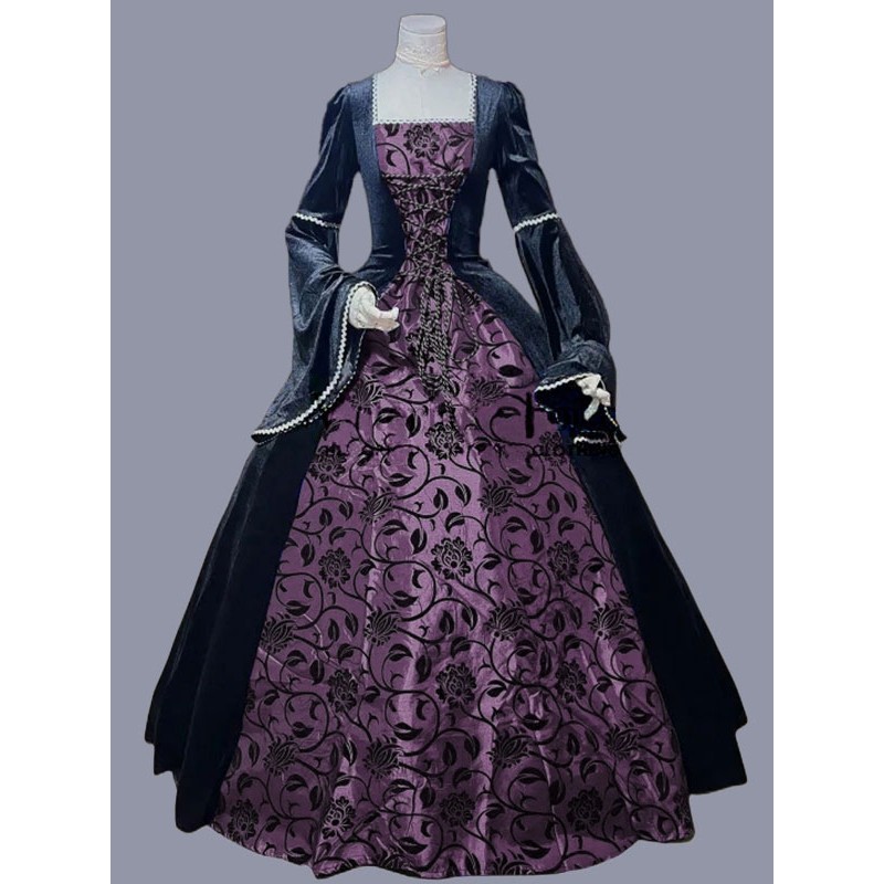 Women Purple Costumes 's Marie Antoinette Costume Floral Print Ruffles Polyester Dress Masquerade Ball Gown Tunic Retro