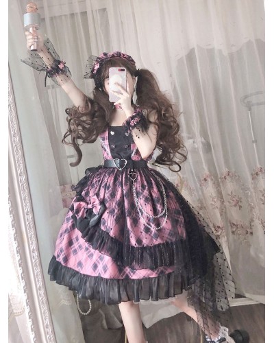 Pink Lolita JSK Dress Plaid Bows Ruffles Lolita Jumper Skirts Daily Casual