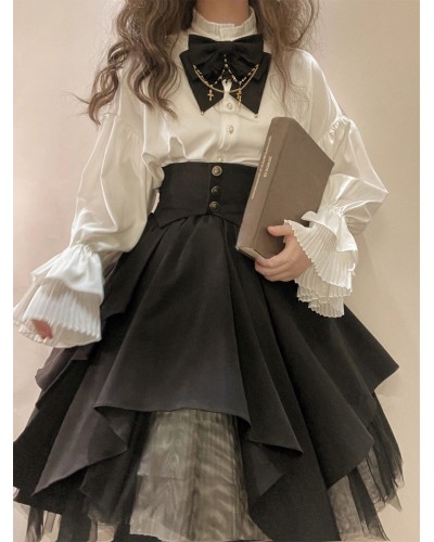 Lolita Outfits Black Pleated Long Sleeves Skirt Top Steampunk Gothic