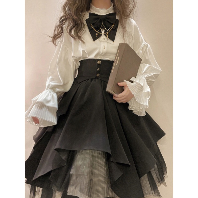 Lolita Outfits Black Pleated Long Sleeves Skirt Top Steampunk Gothic