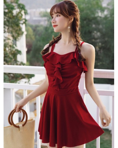 Red Lolita Outfits Ruffles Sleeveless Pants  Swimsuit Sets Daily Casual