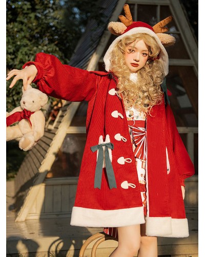 Red Lolita Coats For Christmas Bows Color Block Long Sleeve Polyester Lolita Outwears Fall Winter