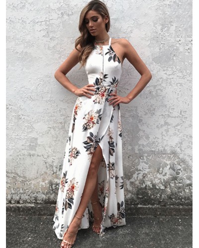 White Dress Halter Sleeveless Backless Floral Printed Slit Long Dress For Women Maxi Summer