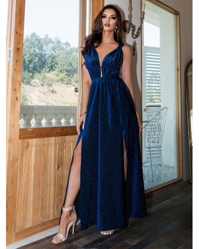 Women Party Dresses Blue V-Neck Pleated Sleeveless High-slit Semi Formal Dress Maxi Summer