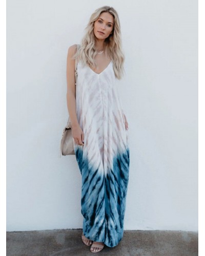 Women Boho Dress Straps Neck Sleeveless Tie Dye Layered Beach Dress Casual Bohemian Spring Summer Fall