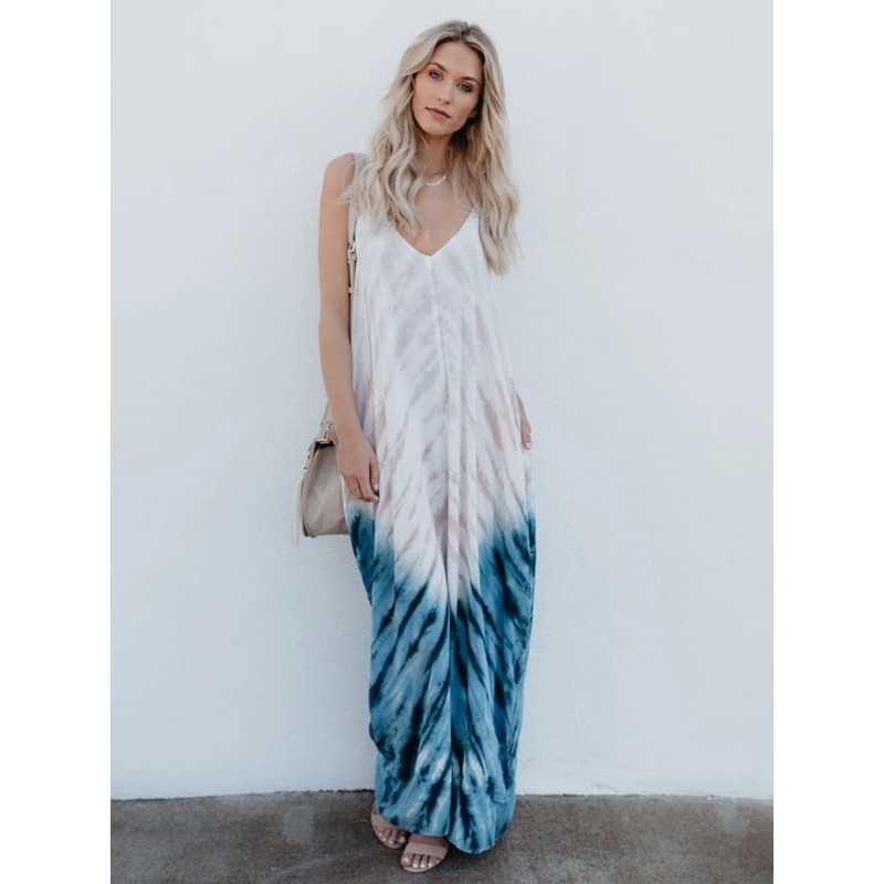 Women Boho Dress Straps Neck Sleeveless Tie Dye Layered Beach Dress Casual Bohemian Spring Summer Fall