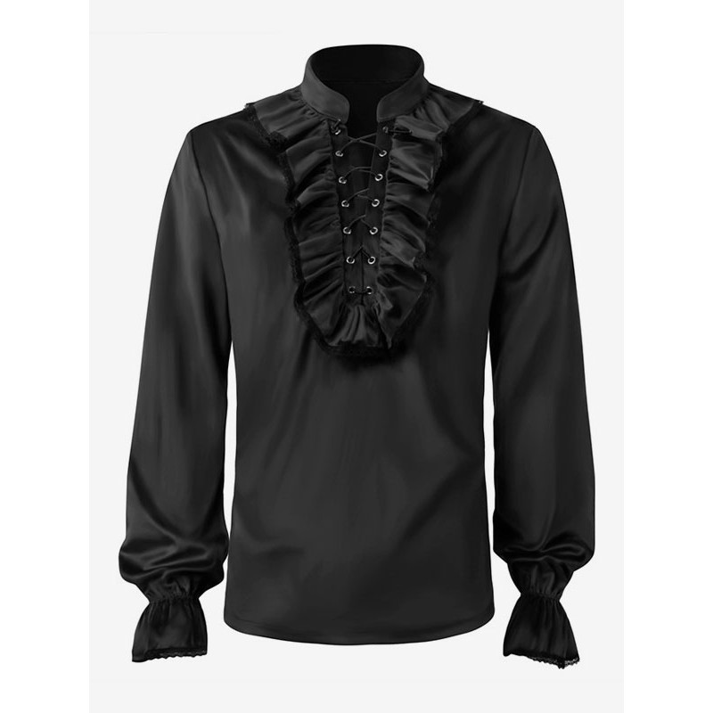 Men Red Vintage Top Ruffles Grommets Long Sleeves Polyester Polyester Fiber Shirt Costumes For Man Tops Retro Renaissance