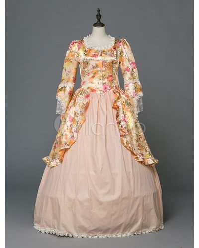 Women Retro Costume Halloween Rococo Victorian Dresses Floral Print Blonde Vintage Long Sleeve Ball Gowns Sets ROCOCO