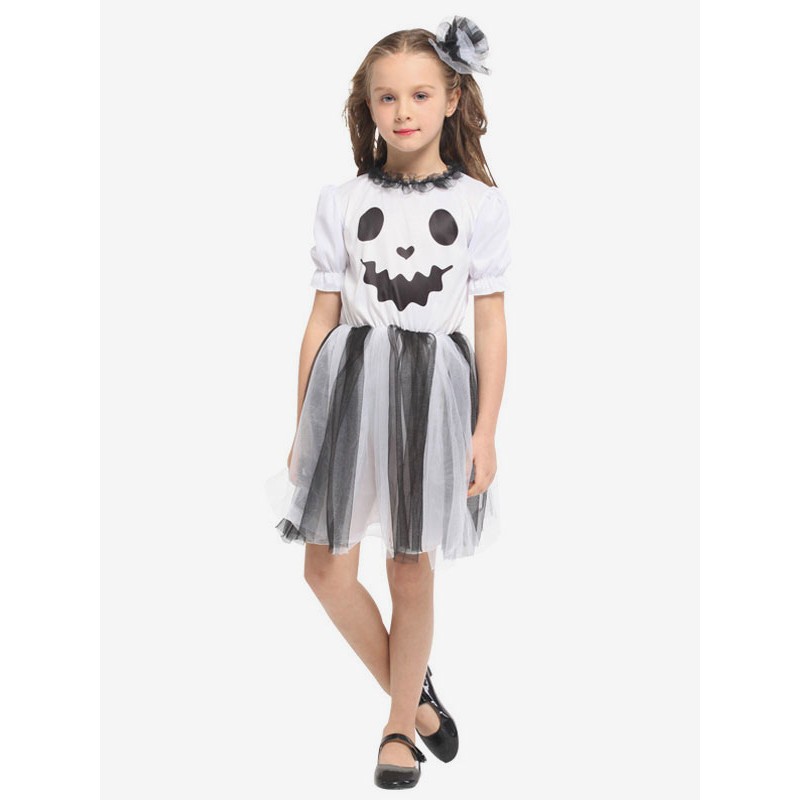 Halloween Ghost Costumes For Kids White Polyester Fiber Headwear Short Dress Holiday Costume Full Set Tunic