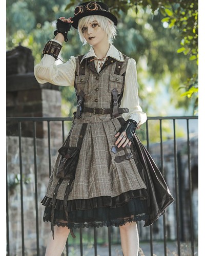 Lolita SK 2-Piece Set Infanta Coffee Brown Metal Details Cotton Blend Velour Lolita Overskirt Outfits Steampunk Gothic Daily Casual