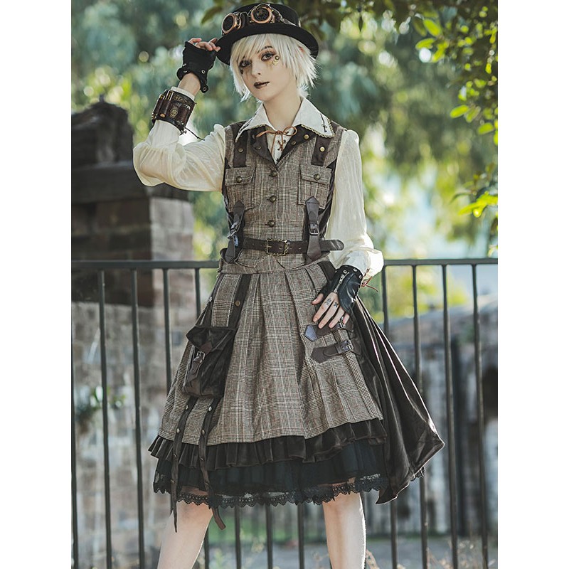 Lolita SK 2-Piece Set Infanta Coffee Brown Metal Details Cotton Blend Velour Lolita Overskirt Outfits Steampunk Gothic Daily Casual