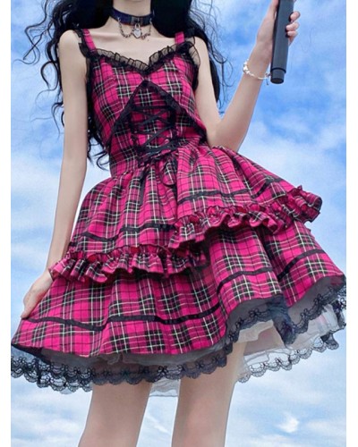 Idol Clothes Lolita Punk JSK Dress Rose Red Plaid Print Pattern Ruffles Bows Sweet Lolita Jumper Skirts