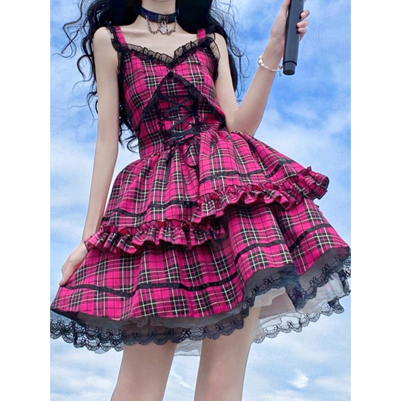 Idol Clothes Lolita Punk JSK Dress Rose Red Plaid Print Pattern Ruffles Bows Sweet Lolita Jumper Skirts