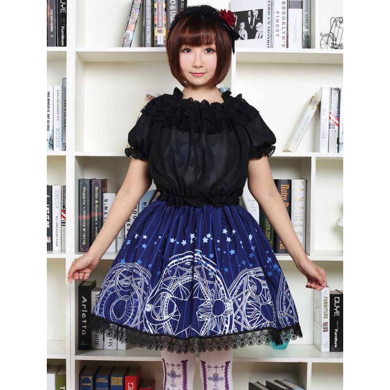 Blue Lolita Dress Cute Lolita Lace Skirt With Magic Circle Print Sweet Summer Daily Casual