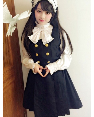 Classic Lolita Outfits Black Jumper Skirt With Long Sleeve Stand Collar Bows Ruffles Blouse