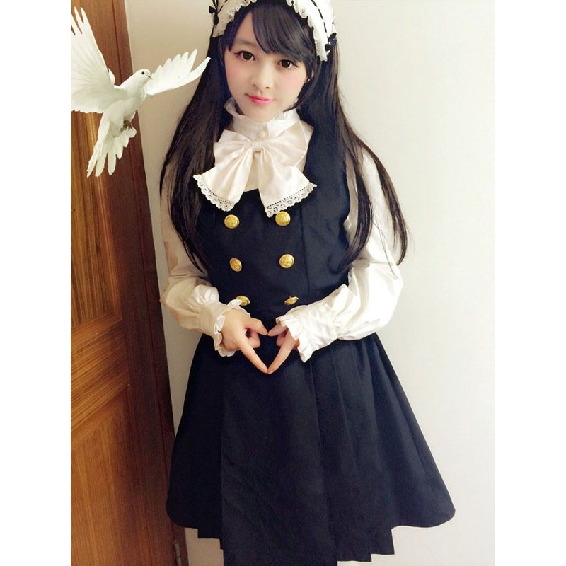 Classic Lolita Outfits Black Jumper Skirt With Long Sleeve Stand Collar Bows Ruffles Blouse