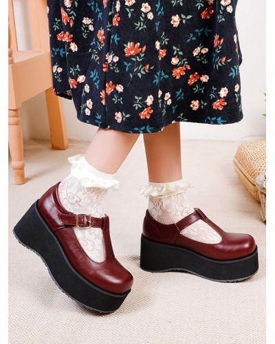 Academic Lolita Footwear Burgundy Round Toe PU Leather Daily Casual Lolita Shoes