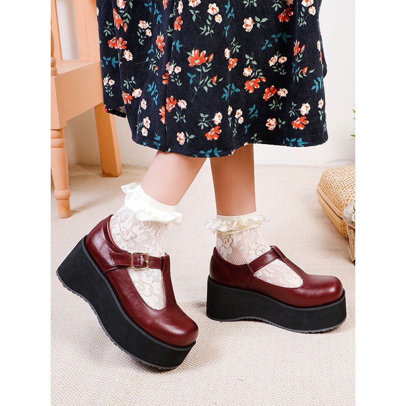 Academic Lolita Footwear Burgundy Round Toe PU Leather Daily Casual Lolita Shoes