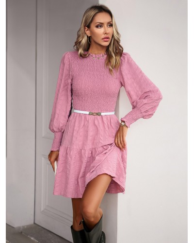 Skater Dresses Jewel Neck Pleated Burgundy Long Sleeves Fit And Flare Dress Chic  Modern Casual Street Wear Daily Casual