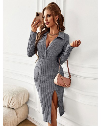 Women 's Knitted Dress Beautiful Long Sleeves Turndown Collar Chic  Modern Fall Winter