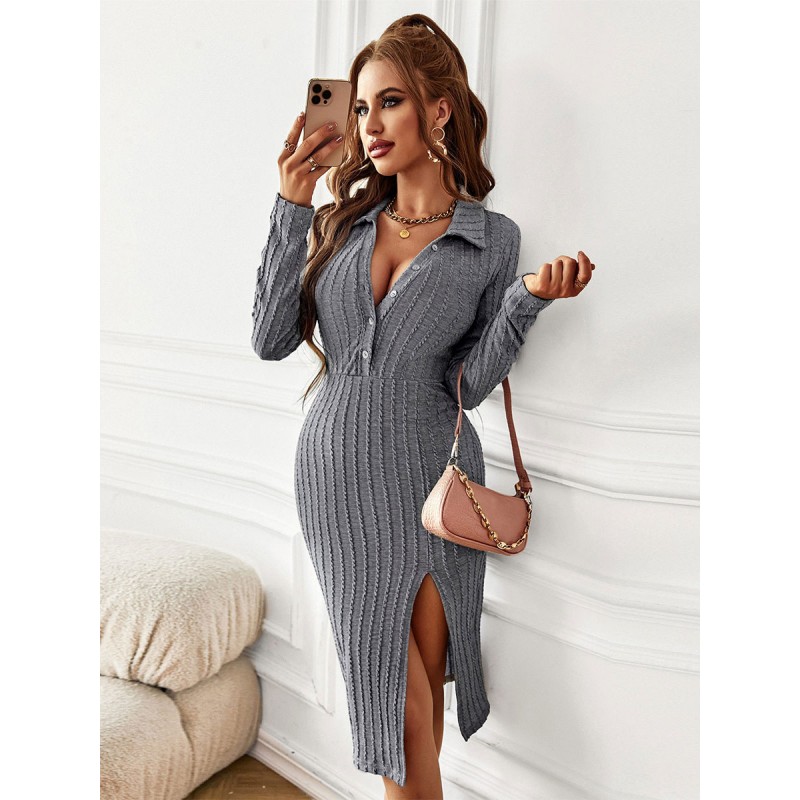 Women 's Knitted Dress Beautiful Long Sleeves Turndown Collar Chic  Modern Fall Winter