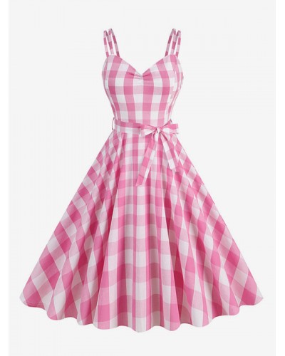 Barbie Gingham Dress 1950s Audrey Hepburn Sleeveless Vintage Dress Bodycon Sweet Retro Spring Summer Fall