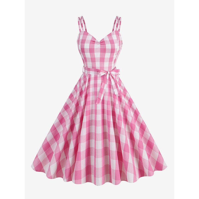 Barbie Gingham Dress 1950s Audrey Hepburn Sleeveless Vintage Dress Bodycon Sweet Retro Spring Summer Fall