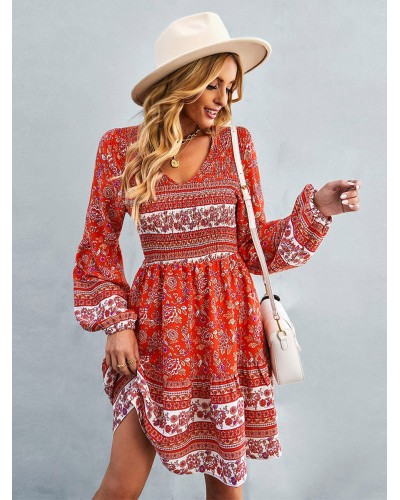 Women Boho Dress V-Neck Lantern Sleeves Floral Beach Mini Dresses Bohemian Fall