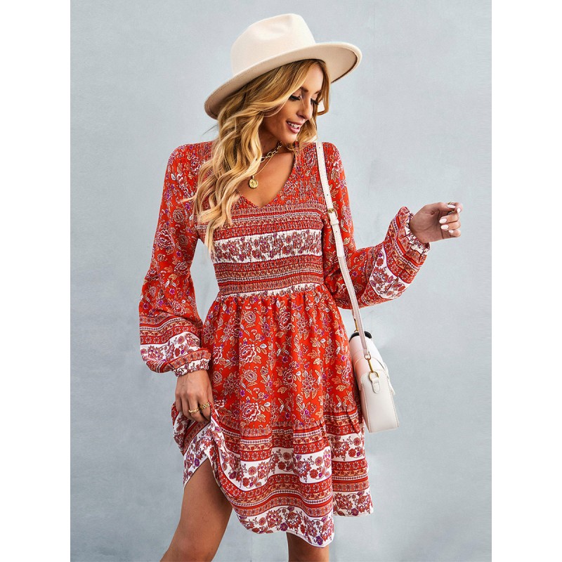 Women Boho Dress V-Neck Lantern Sleeves Floral Beach Mini Dresses Bohemian Fall