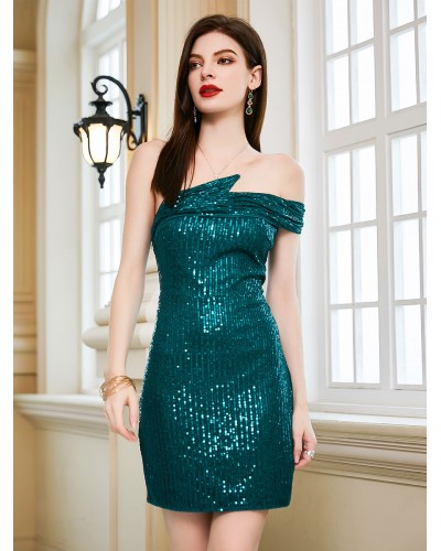 Women Party Dresses Green Asymmetrical Neck Sequins Sleeveless Open Shoulder Semi Formal Dress Sexy Spring Summer