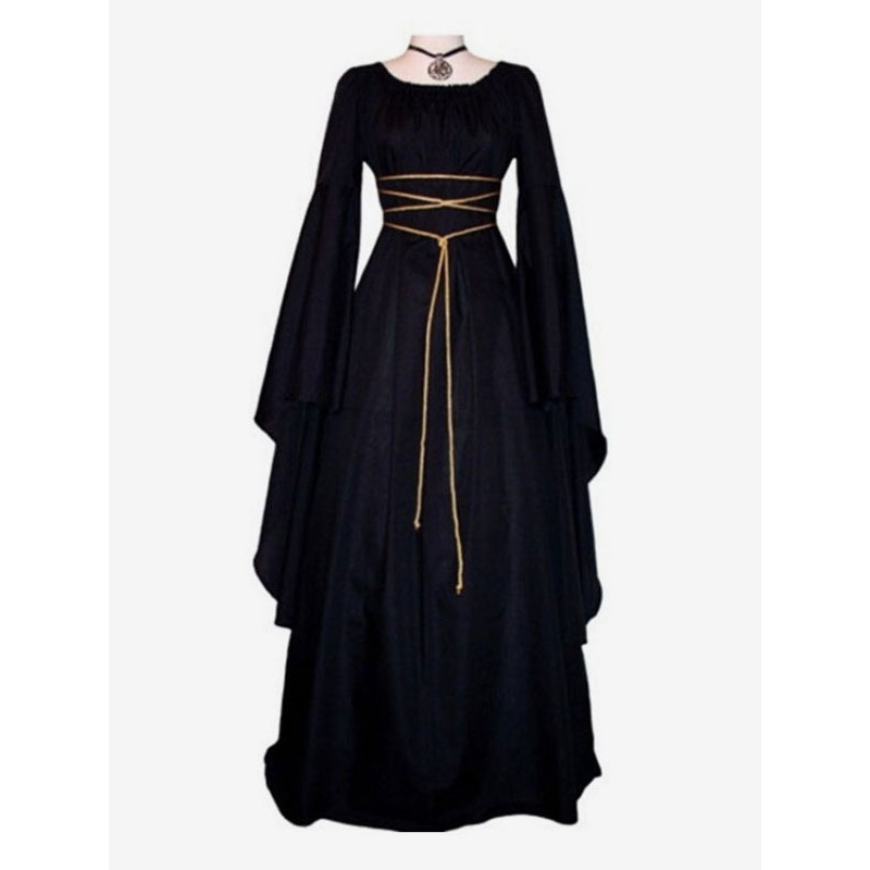 Women Black Vintage Costume Long Sleeves Maxi Dress 's Dress Carnival Sets Gothic