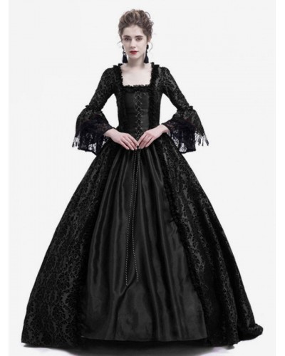 Women Victorian Dress Costume 's Long Gothic Trumpet Long Sleeves Black Ball Gown Square Neckline Victorian Era Clothing With Hat Retro Costumes Halloween Sets ROCOCO