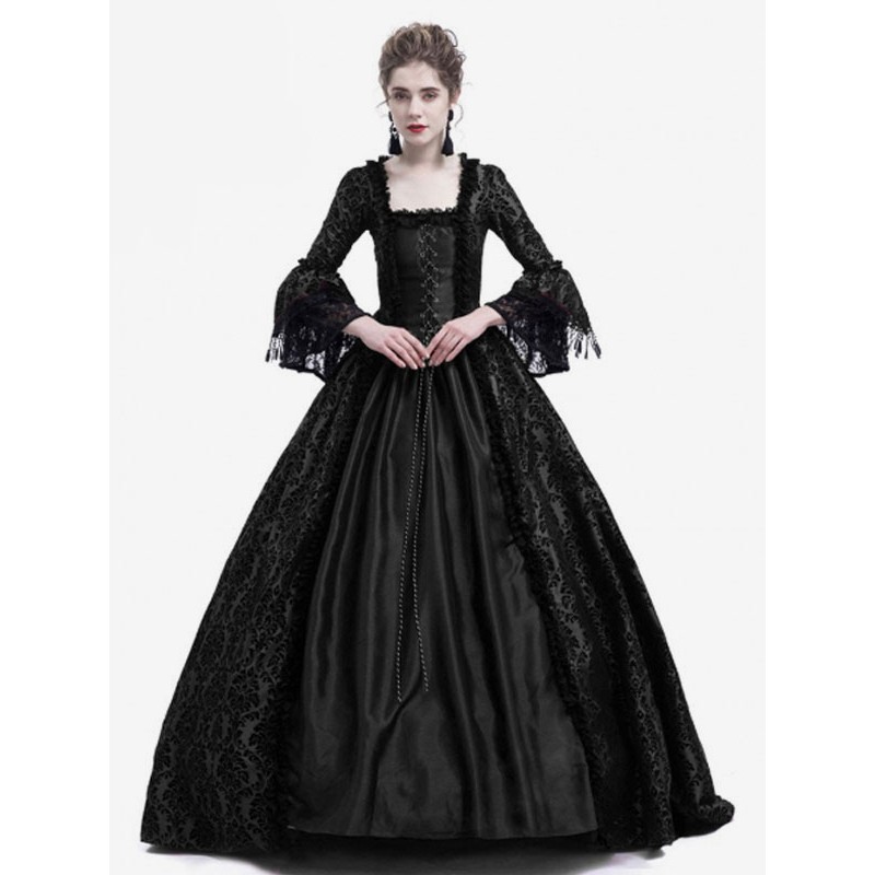 Women Victorian Dress Costume 's Long Gothic Trumpet Long Sleeves Black Ball Gown Square Neckline Victorian Era Clothing With Hat Retro Costumes Halloween Sets ROCOCO