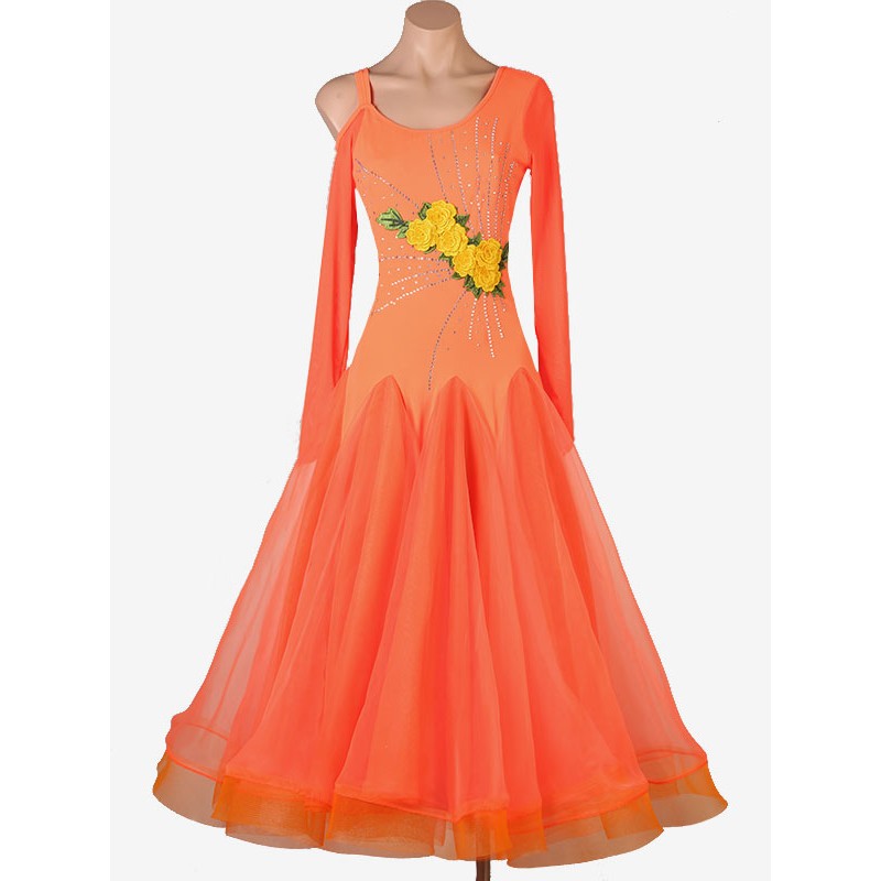 Room Dance Costumes Orange Women's Lycra Spandex Dress Flowers Dance Wear Dancing Holiday Ball