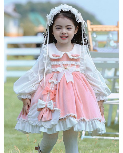 Polyester Tea Party Lace Long Sleeves Polyester Fall Dress ROCOCO Style Pink Kids' Lolita Dresses