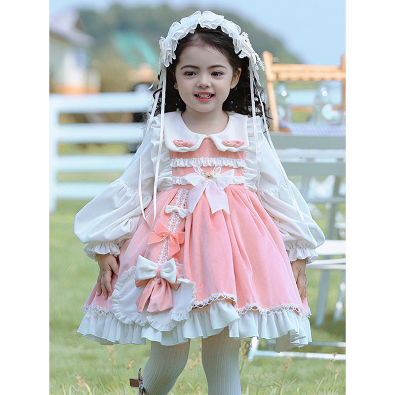 Polyester Tea Party Lace Long Sleeves Polyester Fall Dress ROCOCO Style Pink Kids' Lolita Dresses