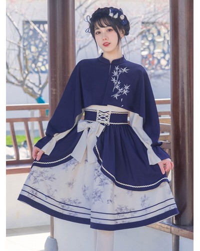 Chinese Style Lolita Dress Bows Long Sleeves Polyester Chinese Style Floral Print Blue Chinese Style Lolita