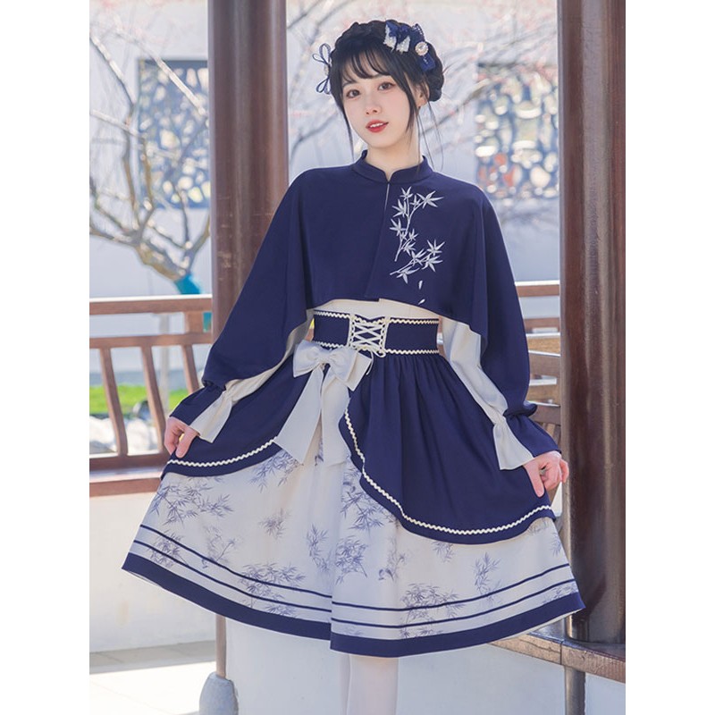 Chinese Style Lolita Dress Bows Long Sleeves Polyester Chinese Style Floral Print Blue Chinese Style Lolita