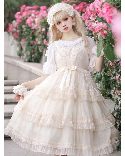 Lolita Dresses Tea Party Style Lolita Skirt Pearls Sleeveless Polyester Sweet Light Apricot